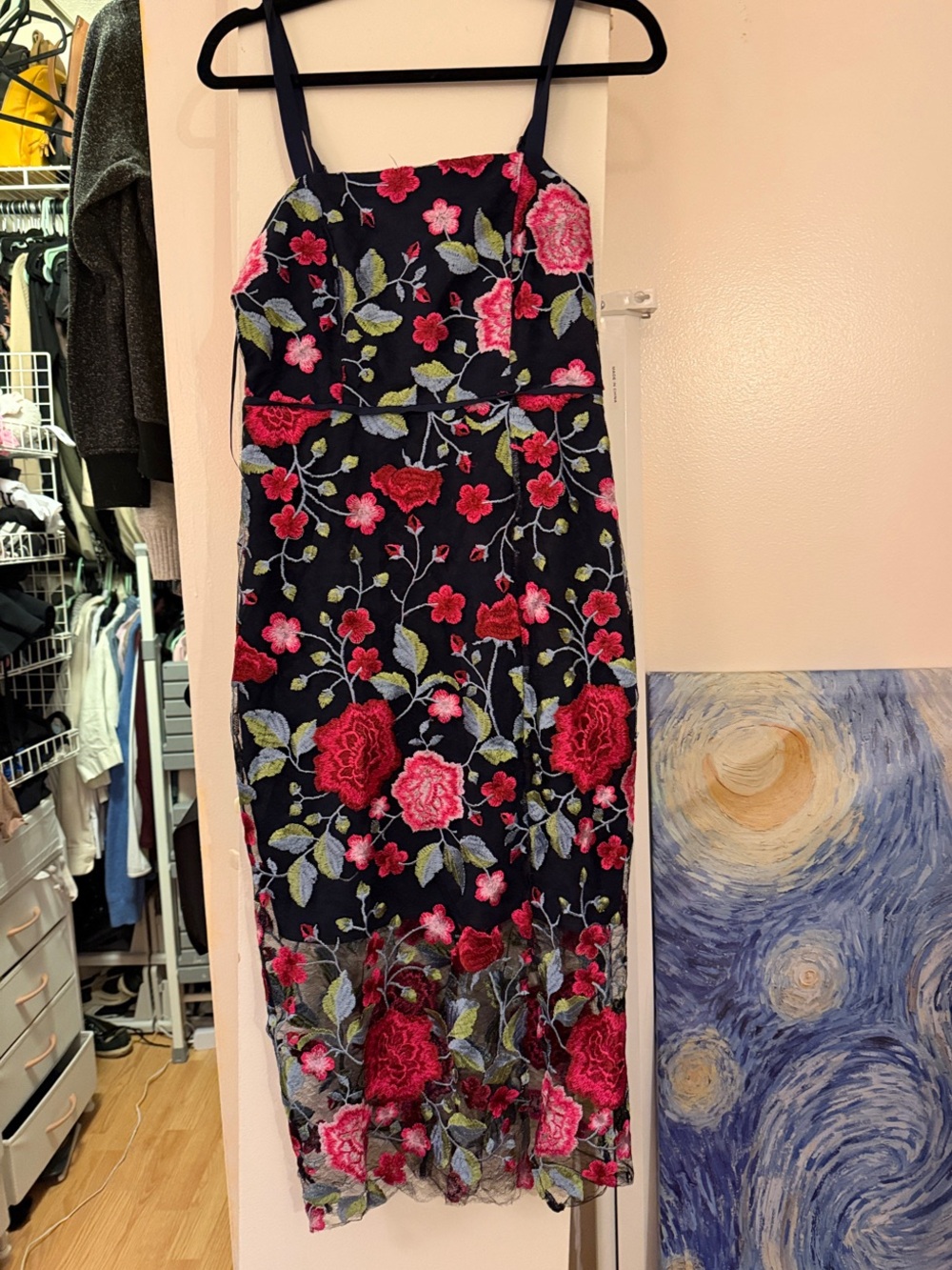 Sam Edelman Navy Midi Dress with Pink & Red Floral Embroidery